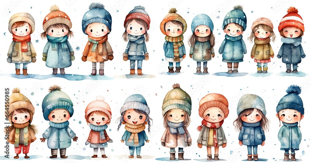 watercolor style cartoon illustration of a group of kids boys and girls happily walking together, collection set, Generative Ai
