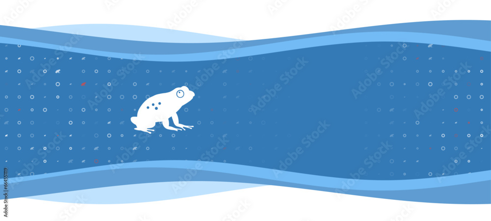 Blue wavy banner with a white frog symbol on the left. On the background there are small white shapes, some are highlighted in red. There is an empty space for text on the right side