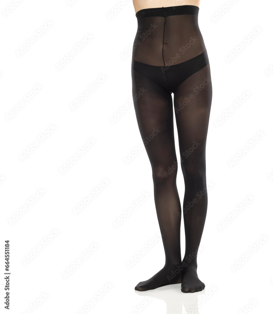 Woman with beautiful long legs and black stockings, isolated on white background. Front view Woman with beautiful long legs and black stockings, isolated on white background. Front view