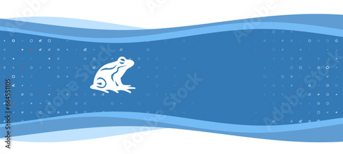 Blue wavy banner with a white frog symbol on the left. On the background there are small white shapes, some are highlighted in red. There is an empty space for text on the right side