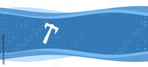 Blue wavy banner with a white axe symbol on the left. On the background there are small white shapes, some are highlighted in red. There is an empty space for text on the right side