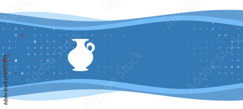 Blue wavy banner with a white antique vase symbol on the left. On the background there are small white shapes, some are highlighted in red. There is an empty space for text on the right side