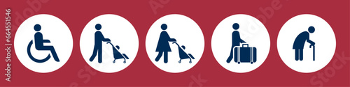 Lift priority signs and labels. Elevator priority sign of metro and subway station, priority queues for elderly, individuals with strollers, disabled, men and women with infants and wheelchair. Vector photo