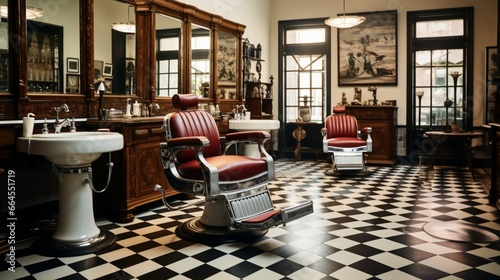 a classic barber shop with leather barber chairs, retro grooming tools, and black-and-white checkered flooring. © Fahad