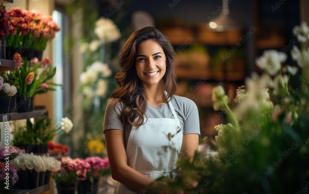 Portrait of a happy woman standing in a flower shop. Smiling young saleswoman over blurred blossom bouquets background.