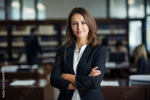Professional female lawyer standing with arms crossed in the office.
