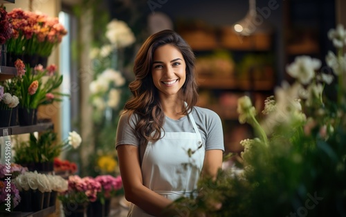 Portrait of a happy woman standing in a flower shop. Smiling young saleswoman over blurred blossom bouquets background.