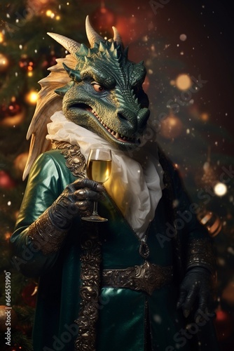 Dragon holding a glass of champagne on Christmas tree background. Symbol of Chinese New year 2024.