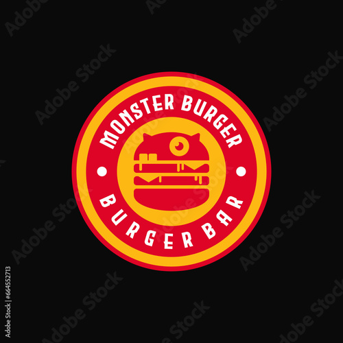 vintage retro classic monster and ham beef cheese patty burger with stamp label emblem badge sticker rounded circle protection suitable for burger bar fast food restaurant cafe bistro logo design