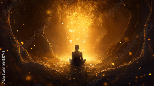 Silhouette of a person meditating in a forest, having a mystical experience, surrounded by golden light and sparkles