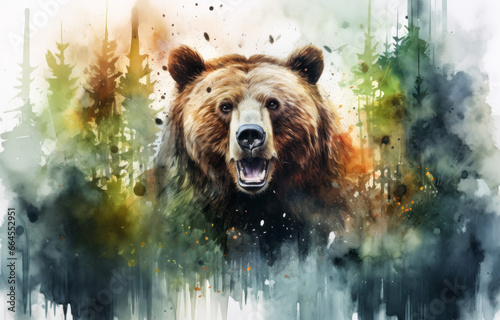 Brown bear head with colorful splashes of ink.