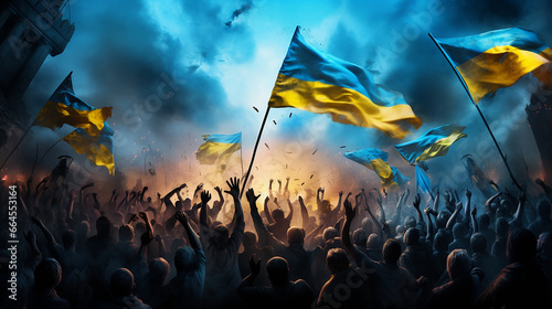 Ukrainians celebrate the victory in the war against the russians. Happy people with the Ukrainian flag. No war. © Khrystyna Bohush