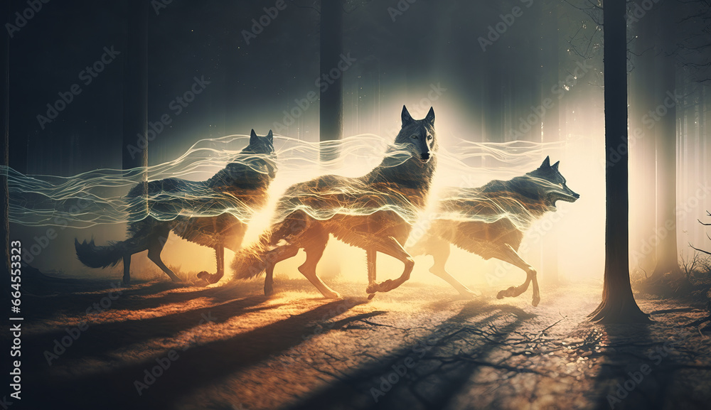 Mysterious spirit wolves from the astral dimension manifesting in their energy form, in the misty forest. Mystical animals in glowing golden light. - obrazy, fototapety, plakaty 