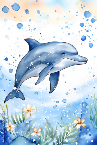Funny invitation card with watercolor dolphin  for children s parties or other uses. AI generated