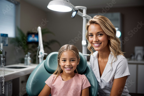 Dentist Series - Perfect Bright and Healthy Teeth, Teenage Girl with Female Dentists in Consulting room, created with Generative AI technology photo