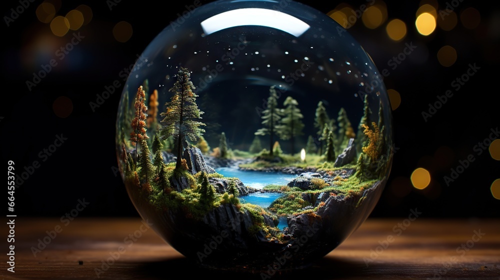  a glass ball with a picture of a forest inside of it.  generative ai
