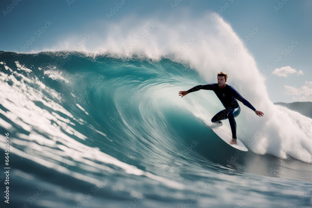 Surfing Photo Series - Male Surfer Riding a Wave on Surfboard, created with Generative AI technology