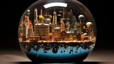  a glass ball with a city in it on a table.  generative ai