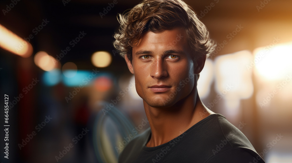 A striking portrait of a handsome sports surfer man with a blurred background, capturing his adventurous spirit and love for the waves.