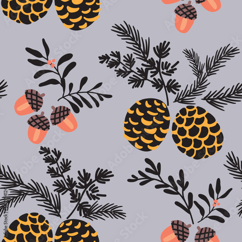 Winter fir branch, cone, acorn seamless pattern with violet background. Christmas wallpaper.