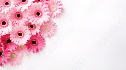 minimalistic white background with gerberas, top view with empty copy space