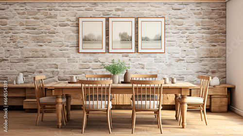 Natural Pine Table, Crossback Chairs on Cobblestone Floor, Mock Up Poster on Faux Brick Wall. Homespun Country-Style Dining Room.