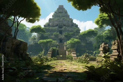 Arawak ruins, Quechua ruins. Vast tropical rain forest. Lush jungle. Blue sky. Fantasy forest. Pyramid temple entrance in the forest. photo