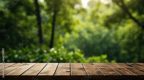 Empty wood table with blur green nature In the forest background.