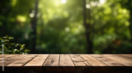 Empty wood table with blur green nature In the forest background. © Premreuthai