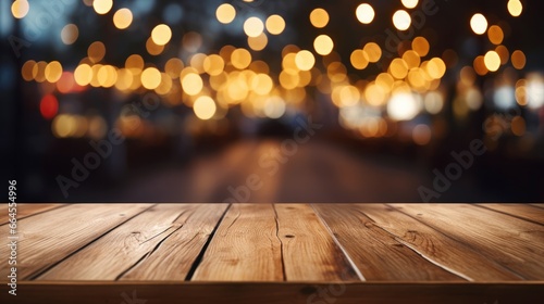Empty wood table with bokeh light background.