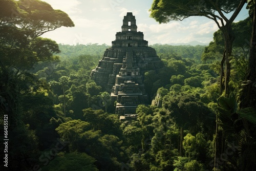 Aztec ruins, Olmec ruins, Toltec ruins. Vast tropical rain forest. Lush jungle. Blue sky. Fantasy forest. Stone pyramid ruins in the forest photo