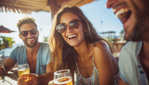 Vacation Vibes Smiling Woman with Male Friends in Portrait