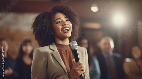An impassioned young African American woman engages in public speaking, conveying strong emotions to her audience.