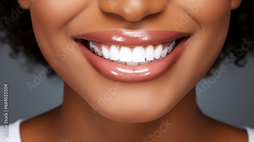 Toothy smile of happy dark skinned young woman showing healthy white teeth. Dental patient promoting dentist service  stomatology  enamel bleaching  whitening  oral hygiene. Cropped close up shot
