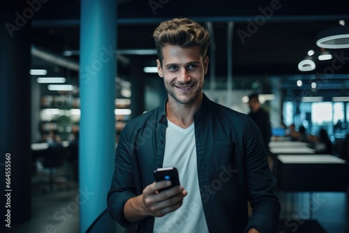 Business man reading a message on a mobile phone in an office