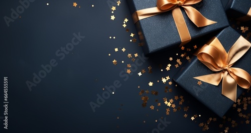 Christmas gifts in blue colors. New Year background