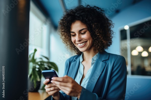 Business woman using a smartphone while standing in an office