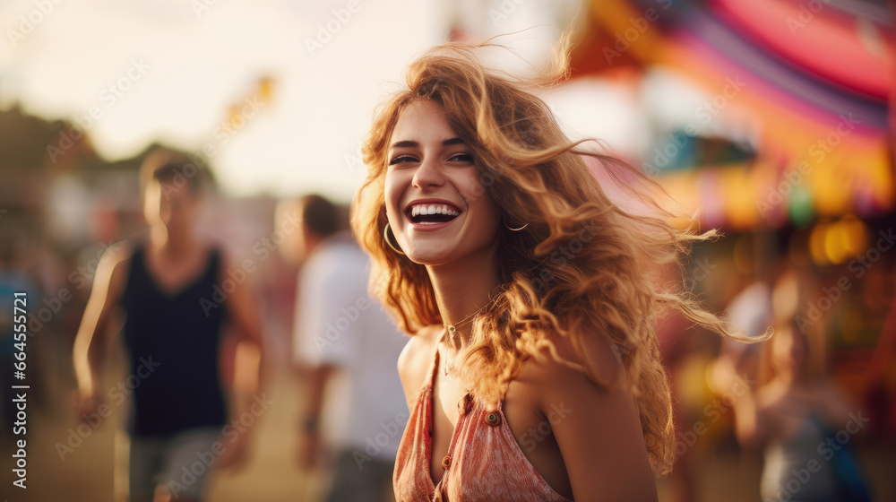 A carefree woman enjoying a festival, with a shallow depth of field blurring the vibrant background.