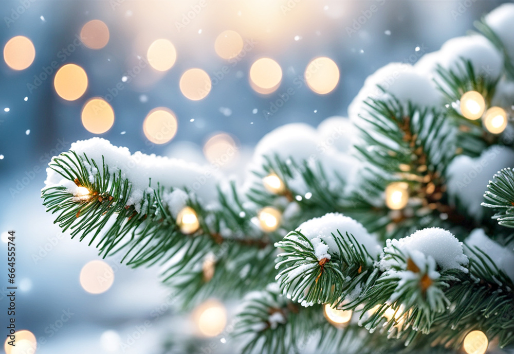 Christmas tree green branch with snow on a background blurred with bokeh.