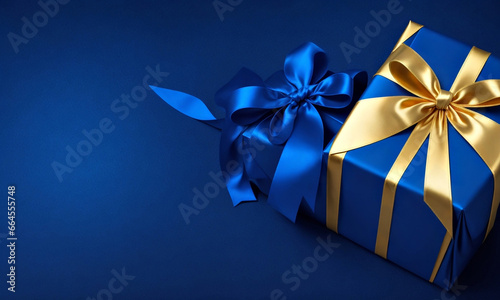 Blue gift box with gold ribbon on a blue background. Blue gift box with gold ribbon on a blue background with space for text.