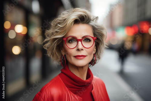 Stylish fashionable middle-aged woman wearing red glasses and a jacket on a city street