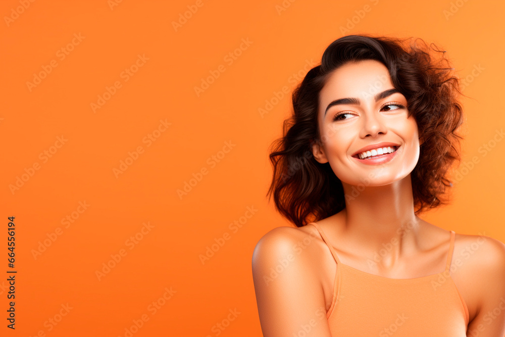 a female model, looking at camera, light orange background with copy space a female model, looking at camera, light orange background with copy space