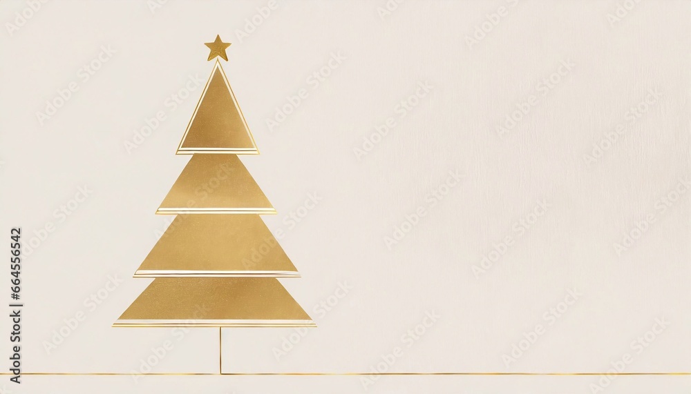 golden Christmas tree on a light background with space for text. Template for postcard, print, holidays.