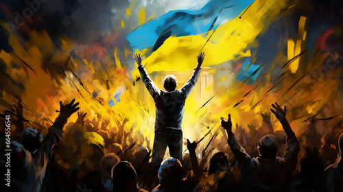 Ukrainians celebrate the victory in the war against the russians. Happy people with the Ukrainian flag © Khrystyna Bohush