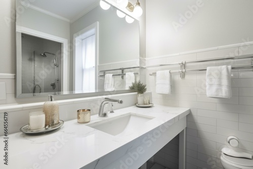 sink and mirror in a white bathroom. Generative AI