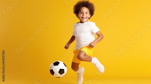 Youthful Enthusiasm - Young School Boy Enjoying a Game of Football with a Beaming Smile. Sport and Leisure for Kids with Copy Space © pvl0707