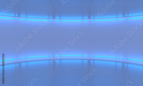 Blue room interior with neon lamps, abstract background, 3d illustration