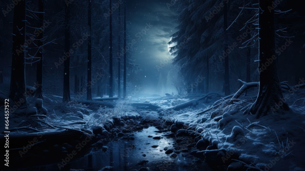 Obraz premium Nocturnal Enchantment: Ethereal Winter Forest Under Moonlight