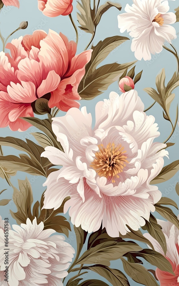 Flower and plant. Floral classic seamless print in shabby chic style. Flowers vector illustration: peony, rose, aster, leaves and plants for background, pattern and wallpaper. Generative AI.