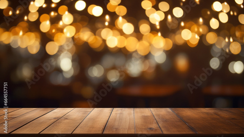 Wooden Table Elegance  Golden Bokeh in Restaurant Space